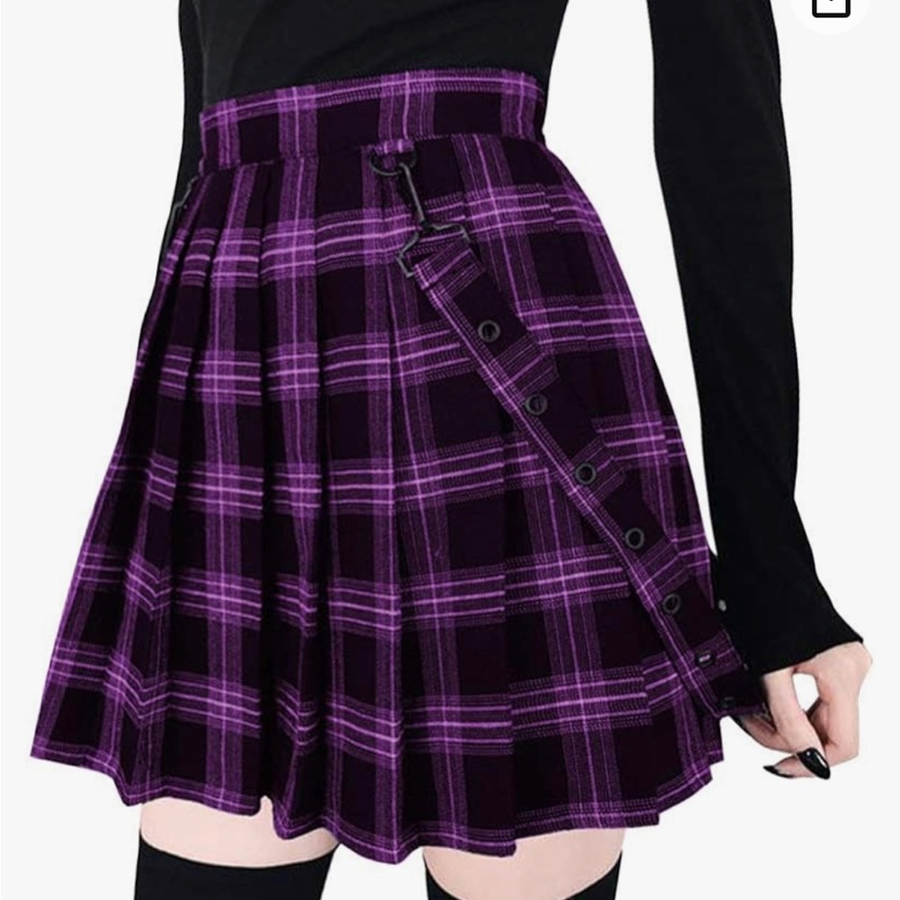 Sweet A-Line Decorative Strap Purple Plaid Pleated Mini Skirt